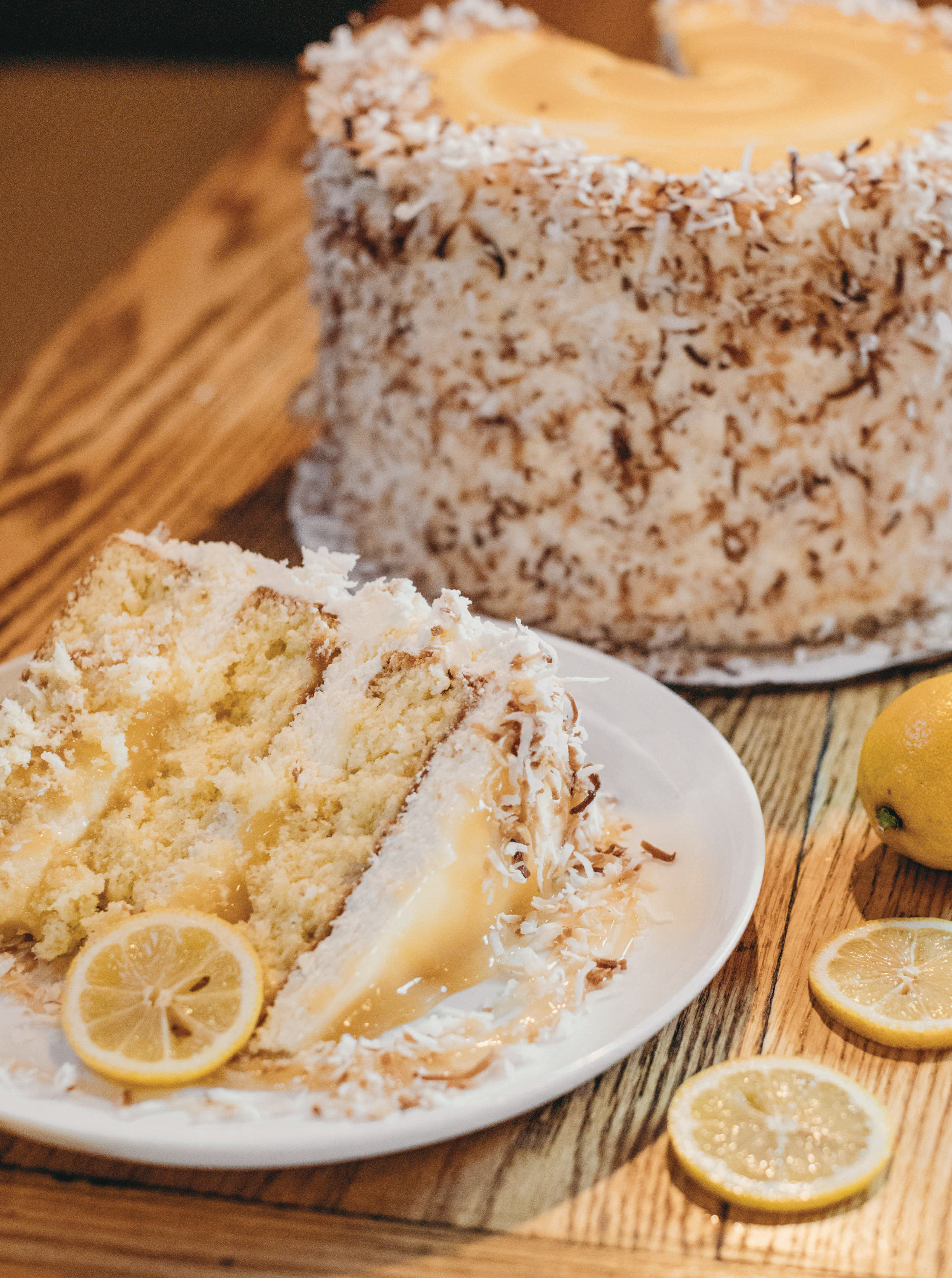 This decadent lemon-coconut cake served at Bethany Blues is the perfect citrusy treat for the season.
